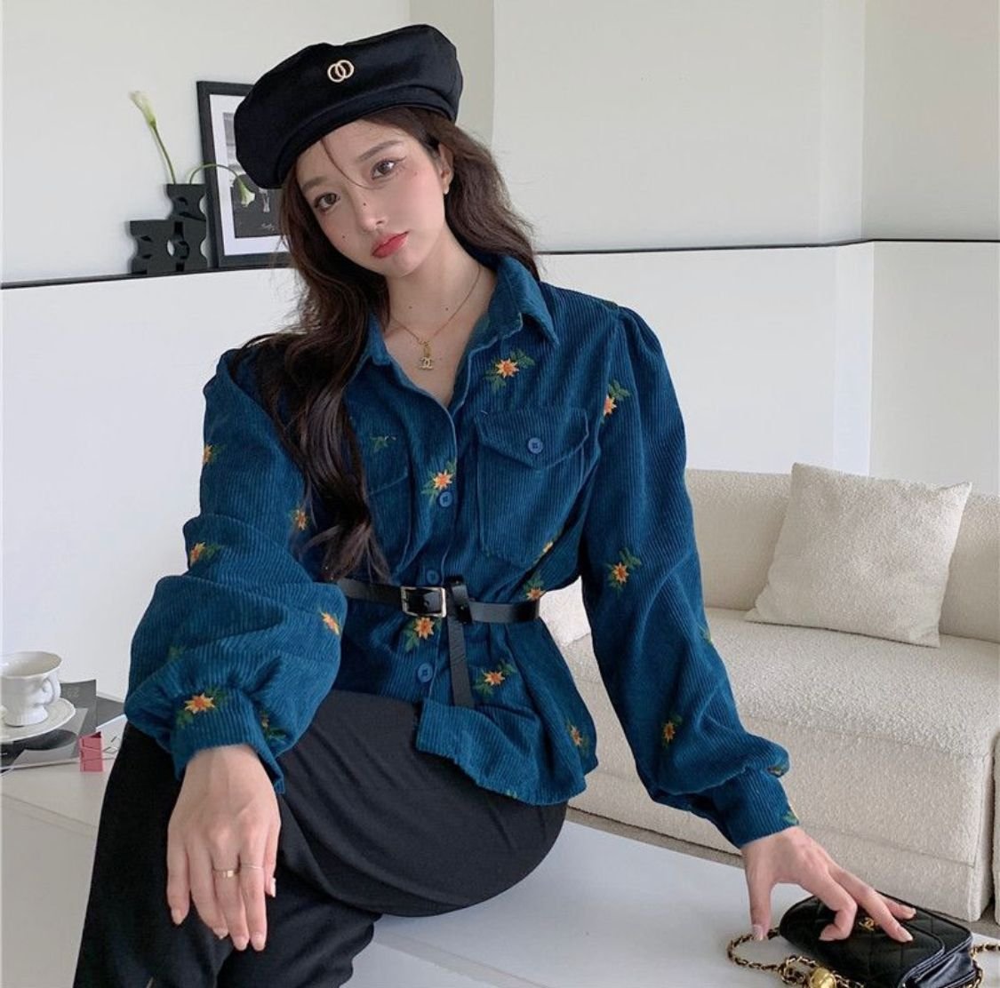 Floral Corduroy Shirt With Belt - Image 2