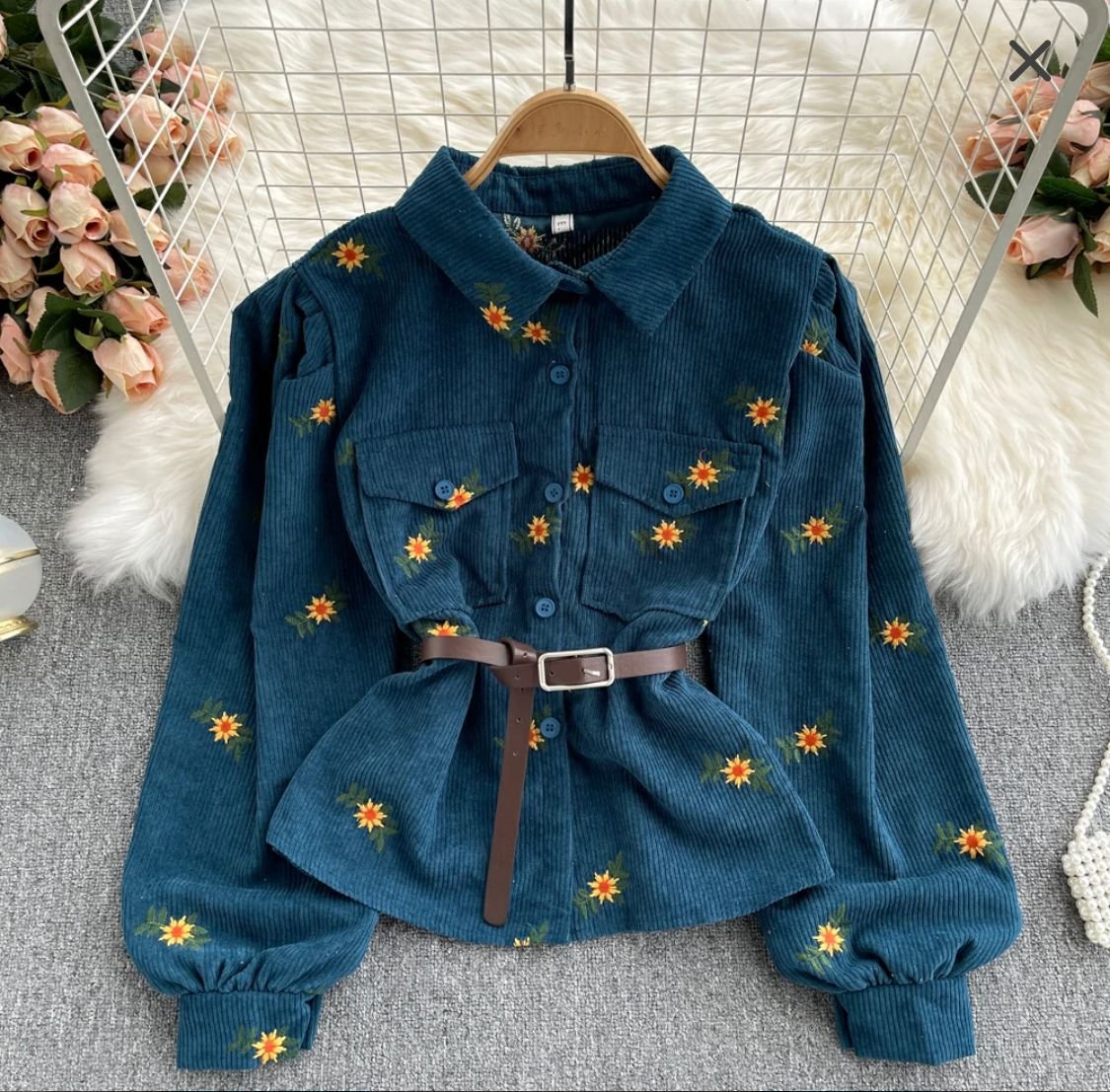 Floral Corduroy Shirt With Belt